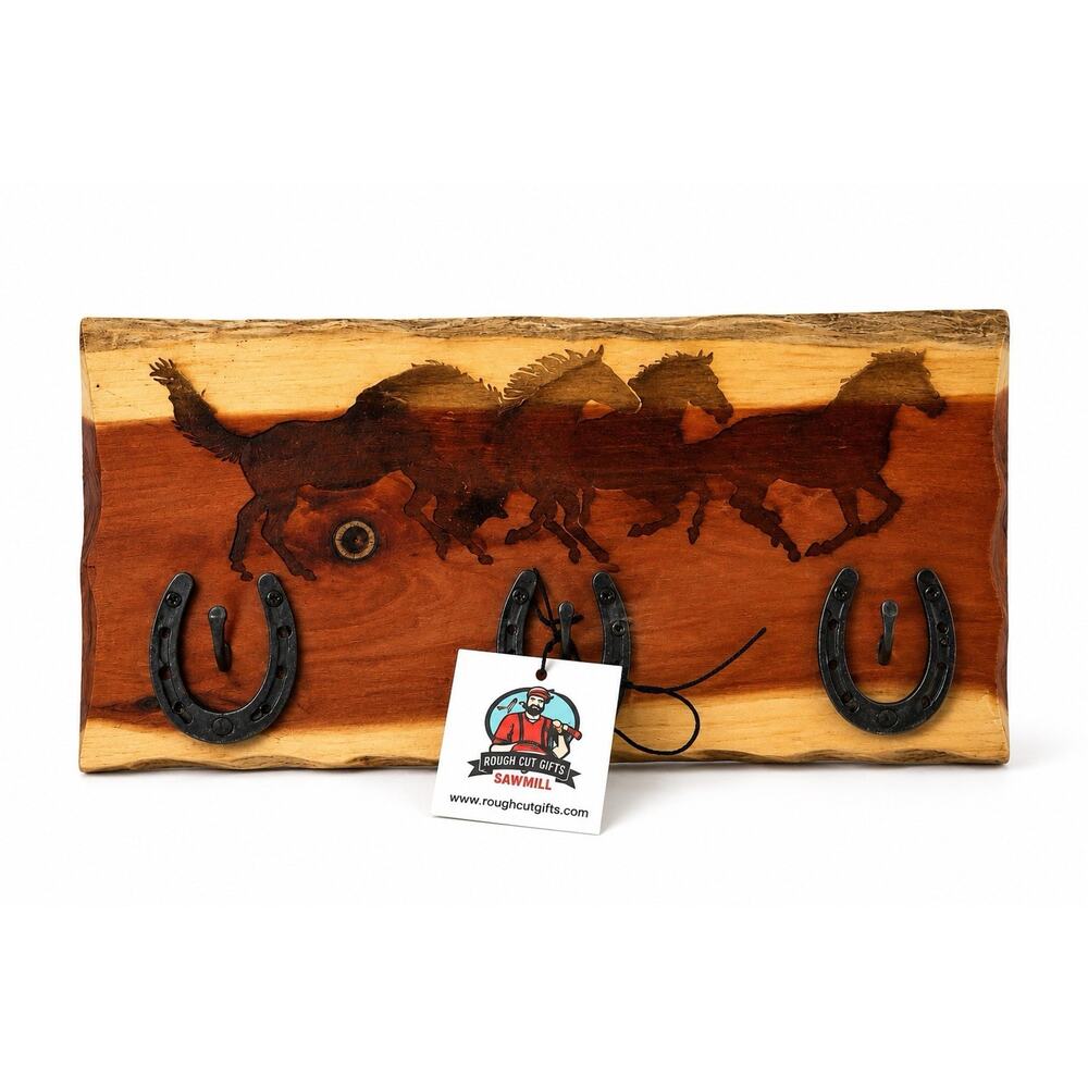 Tennessee Cedar Wood Horse Key Holder Wall Rack Handmade Rustic 3 Hook Western